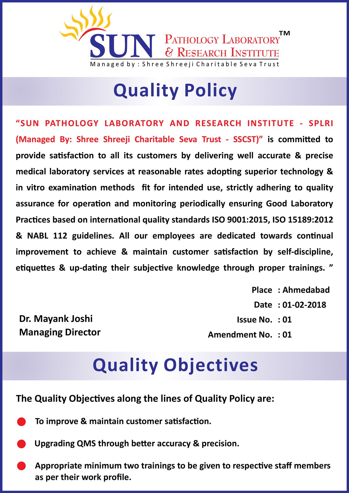 Sun Pathology Lab - Quality Policy